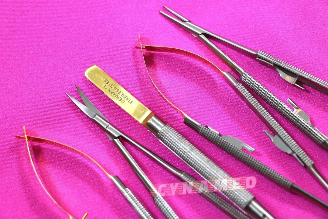 German Stainless Set of 5 Castroviejo Micro Scissors Needle Holder Straight and Curved and Micro Forceps Dental Eye Instruments