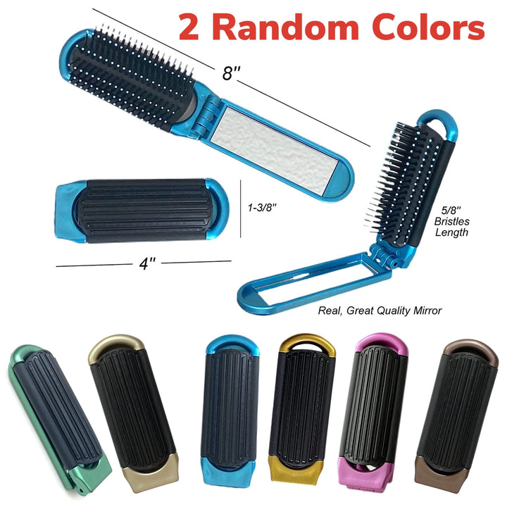 2 Folding Hair Brush With Mirror Compact Pocket Size Travel Car Gym Bag Purse Locker