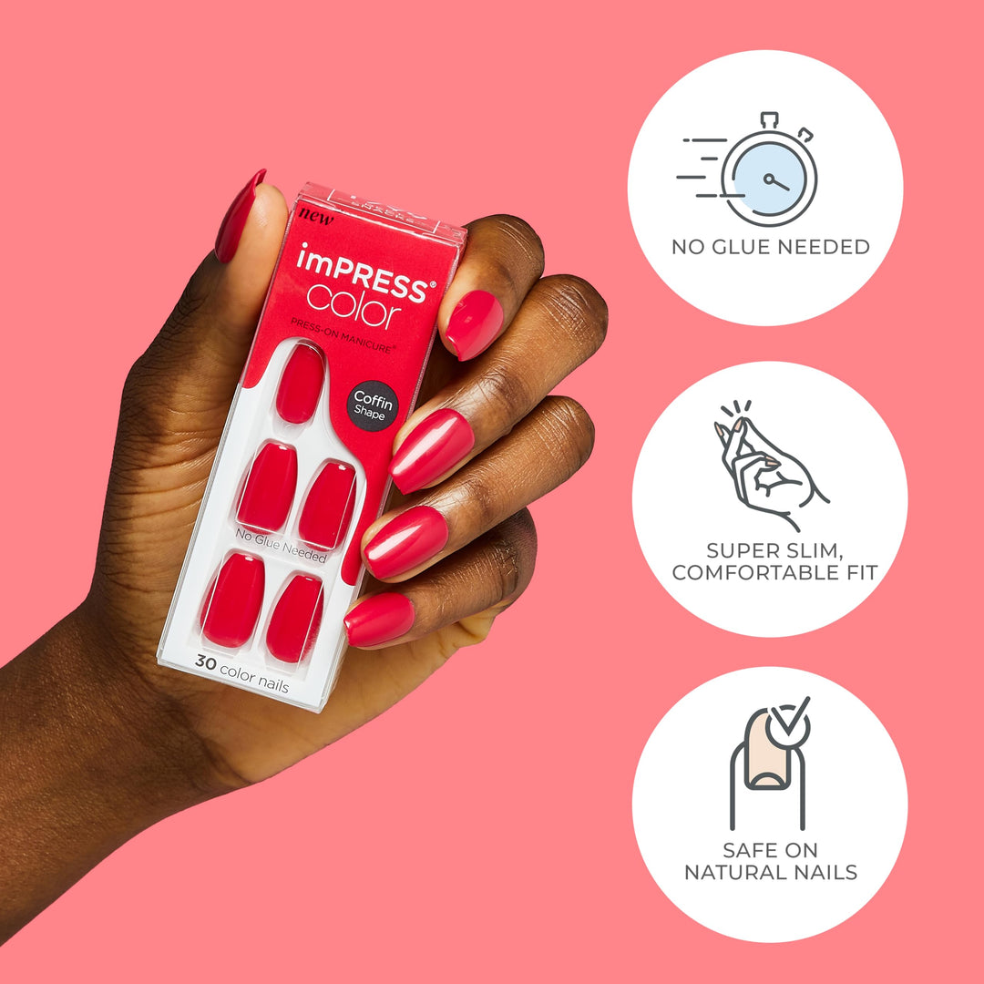 KISS No Glue Mani Press On Nails, Color, 'Pretty Pink', Pink, Short Size, Squoval Shape, Includes 30 Nails, Prep Pad, Instructions Sheet, 1 Manicure Stick, 1 Mini File