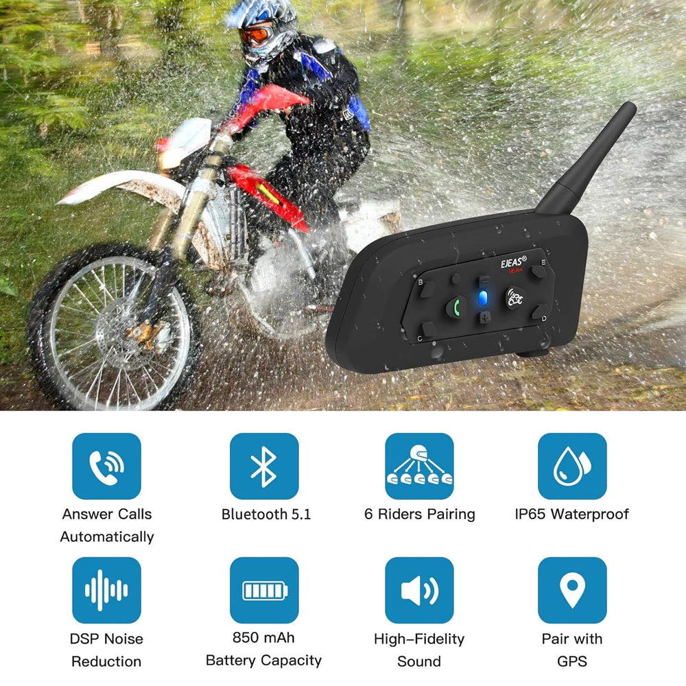 V6 Pro Motorcycle Helmet Bluetooth Intercom, 2-Way 1200M Motorcycle Bluetooth Headset Universal Communication System with Noise Cancellation and Waterproof for Dirt Bike/ATV/Snowmobile (2PCS)