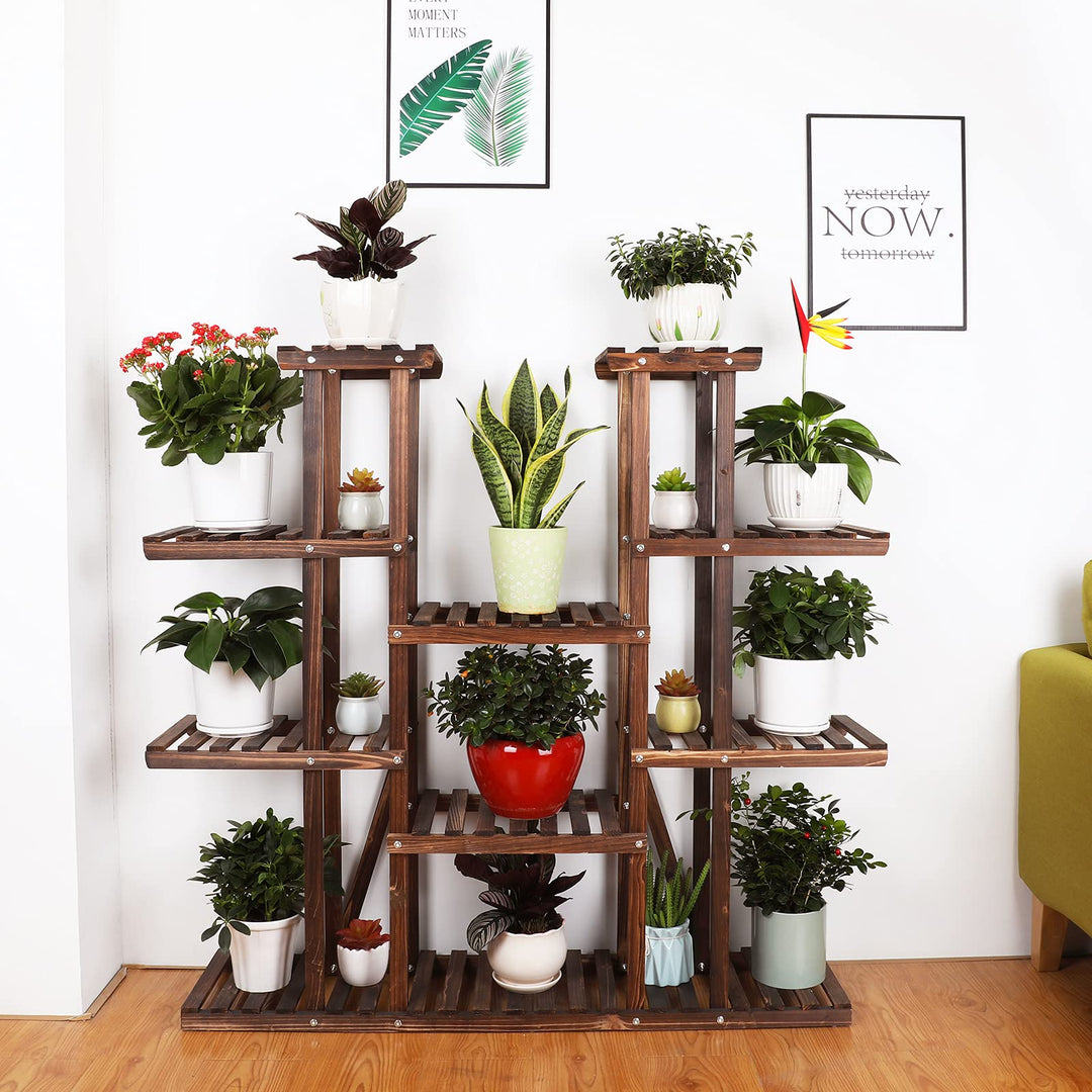 9 Tier Wood Plant Stand Carbonized Flower Rack 17 Potted Organizer Tall Plant Display Shelf for Indoor Outdoor Patio Garden Corner Balcony Living Room Kitchen