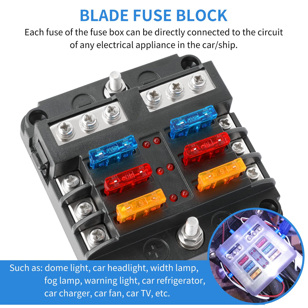 6 Way Fuse Block, 12V Fuse Box with LED Indicator Waterproof Cover 6 Circuits with Negative Bus Fuse Panel for DC 12V/24V Car Marine Boat RV Trailer Truck Van Vehicle