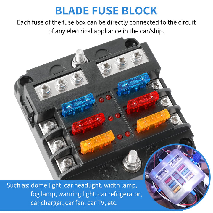 6 Way Fuse Block, 12V Fuse Box with LED Indicator Waterproof Cover 6 Circuits with Negative Bus Fuse Panel for DC 12V/24V Car Marine Boat RV Trailer Truck Van Vehicle