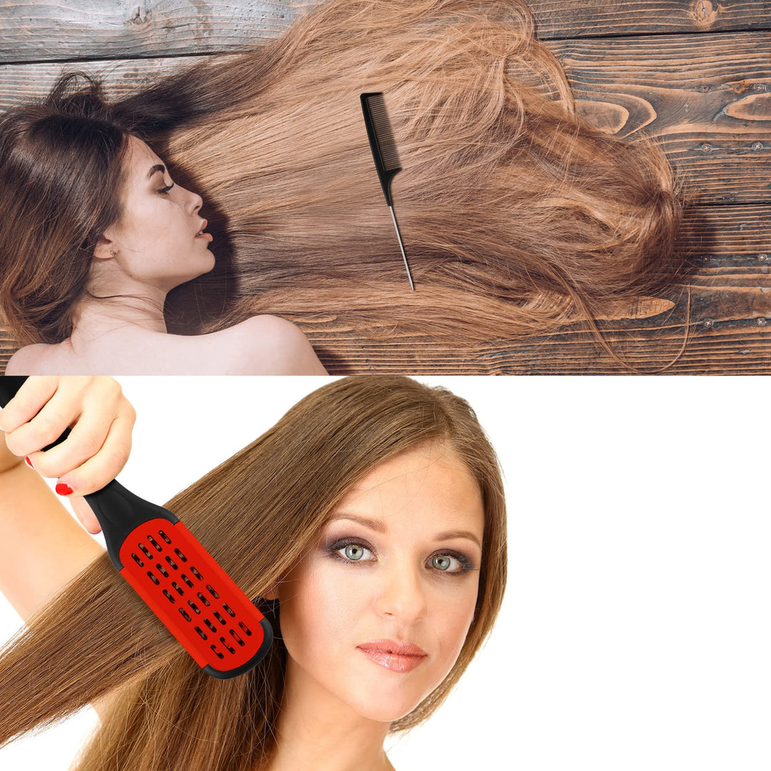 Hair Straightening Comb Boar Bristle Clamp Hair Brush Double Sided Hair Straightener Hair Splint Comb with 5 Pieces Alligator Hair Clips, Pin Rat Tail Comb for Hair Styling Curling Tools (Red Comb)