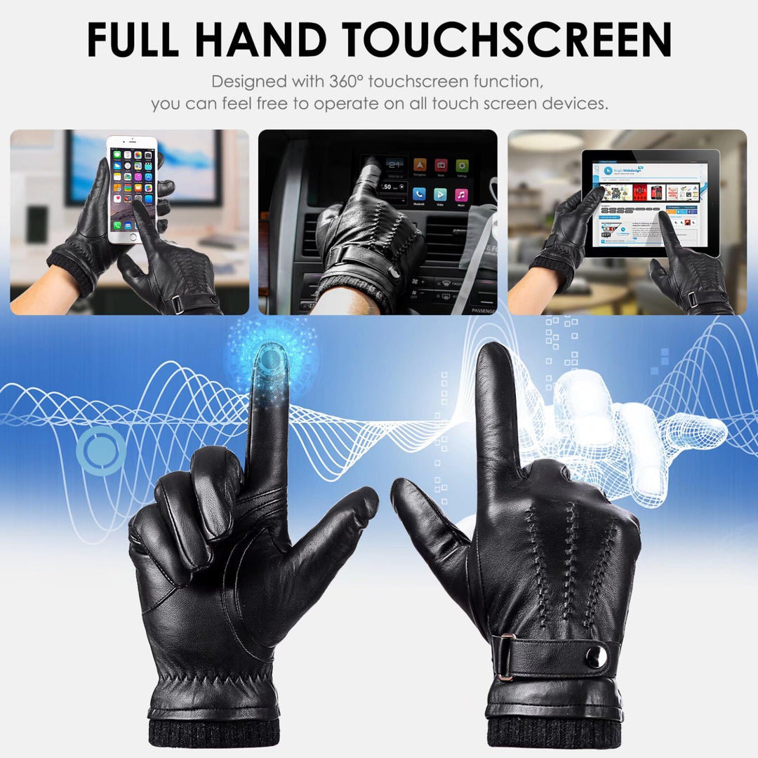 Winter Sheepskin Leather Gloves for Men, Warm Touchscreen Texting Gloves with Soft Cashmere Lining, Fashion Driving Gloves for Outdoor Sports(Black-L)