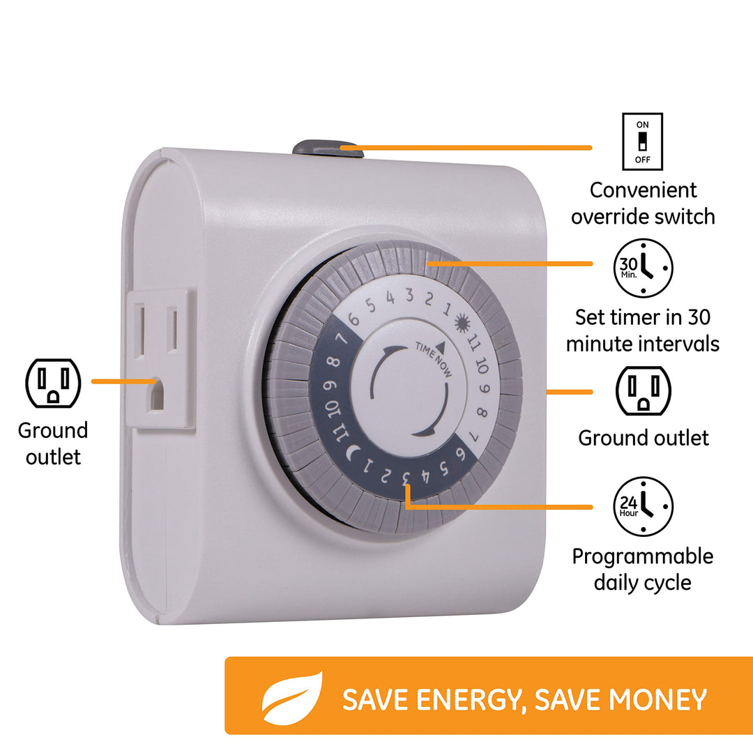 24-Hour 2 Grounded Outlets Mechanical Outlet Timer, Timers for Electrical Outlets Indoor, Light Timers Indoor, Daily ON/OFF Cycle, Timer for Lights Inside, Christmas Tree Timer, 15075
