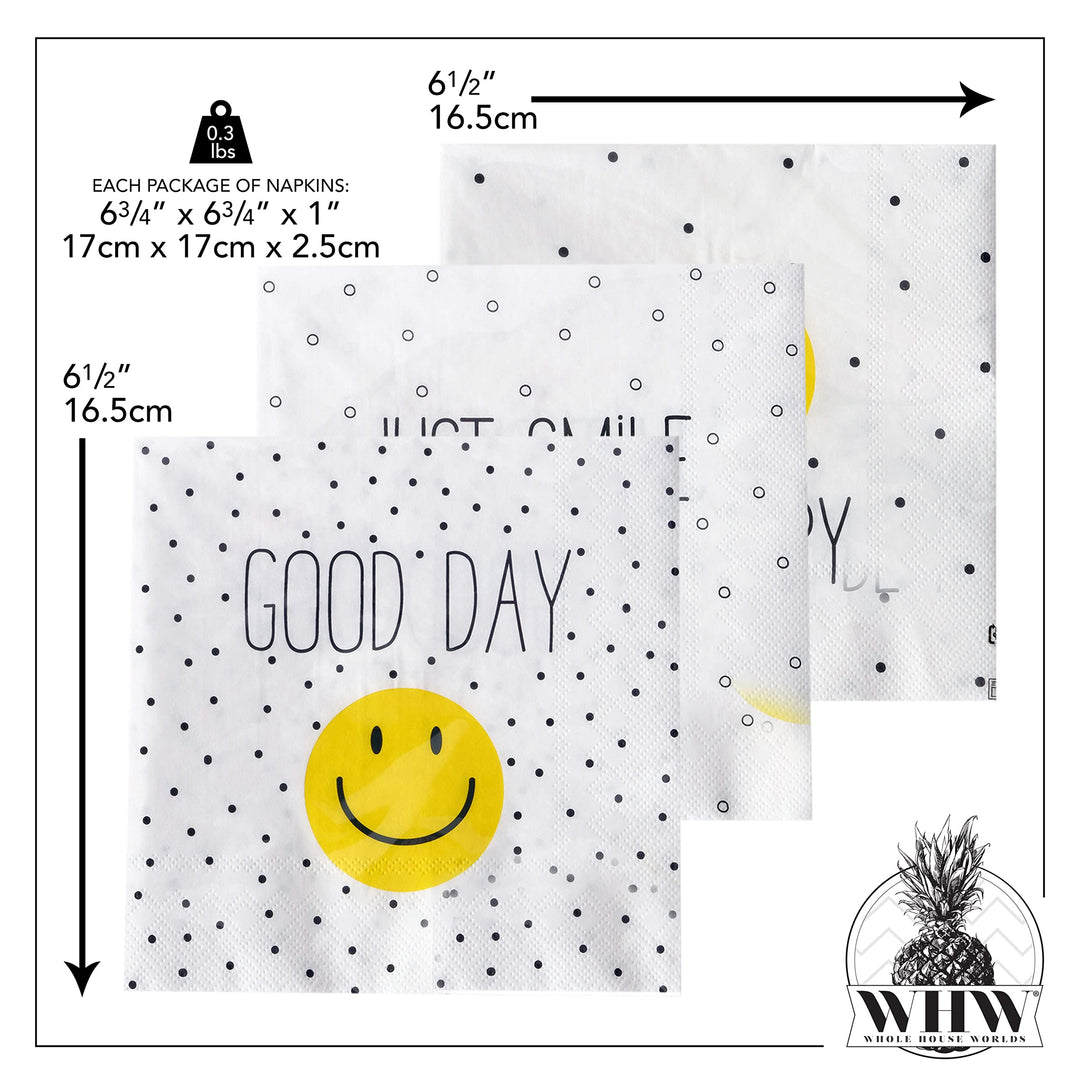 60 Count Smiley Face Party Napkins, 3 Packs of 20, 3 Ply Paper, Luncheon Size 6.75 x 6.75 Inches, Yellow and Black on White