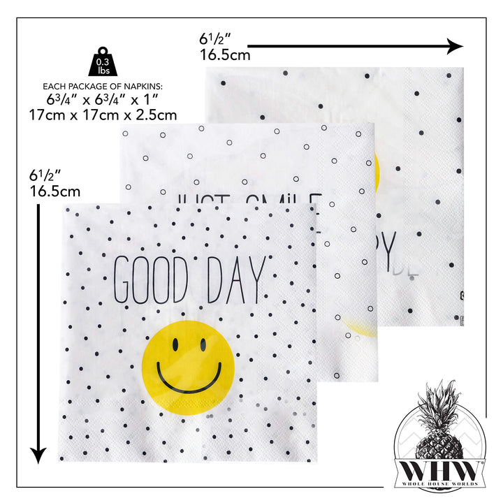 60 Count Smiley Face Party Napkins, 3 Packs of 20, 3 Ply Paper, Luncheon Size 6.75 x 6.75 Inches, Yellow and Black on White
