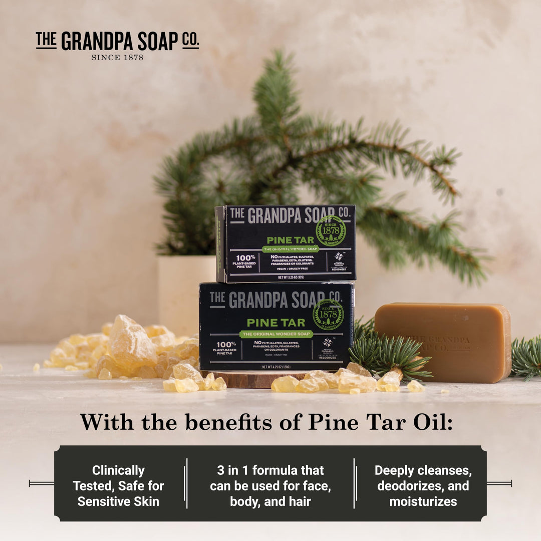 Pine Tar Bar Soap for Men- Made With 100% Plant-Based Pine Tar Oil, 3 in 1 Cleanser Deodorizer and Moisturizer, Dermatologist Tested, Safe for Sensitive Skin, 3.25 Oz, 6 Pack