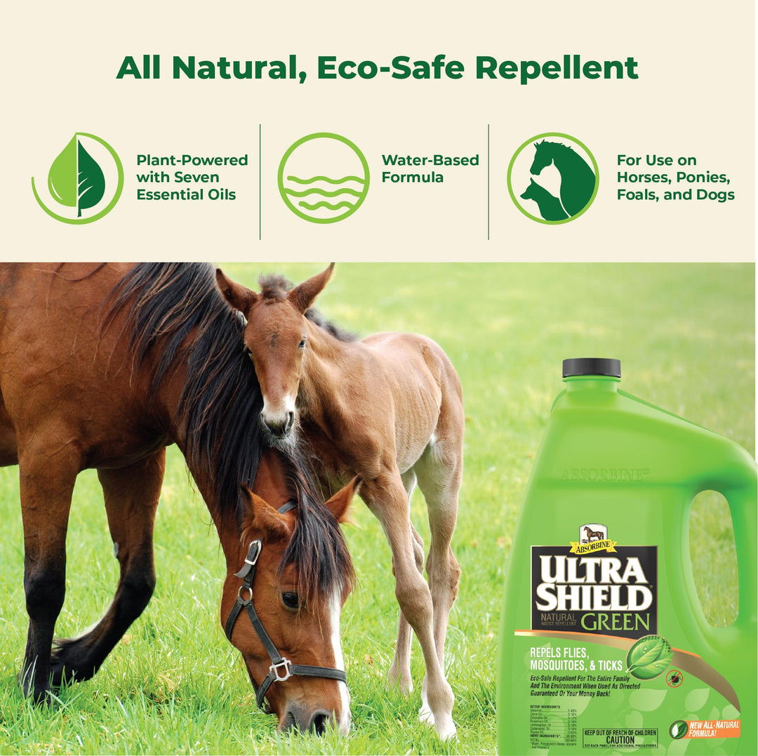 UltraShield Green All-Natural Fly & Insect Repellent for Horses & Dogs, Essential Oils Repel & Control, 128oz Bottle, No Sprayer