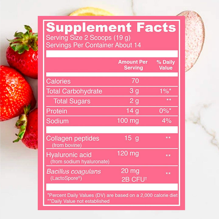 Beauty Collagen (Strawberry Lemon, Canister) - 120mg of Hyaluronic Acid and 15g of Collagen Per Serving