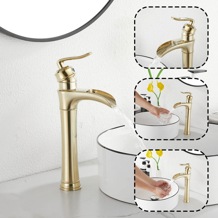 Brushed Gold Bathroom Faucet Waterfall Bathroom Faucet Single Handle One Hole Tall Body Farmhouse Bathroom Vessel Sink Faucet Vanity Faucet Matching with Pop Up Drain