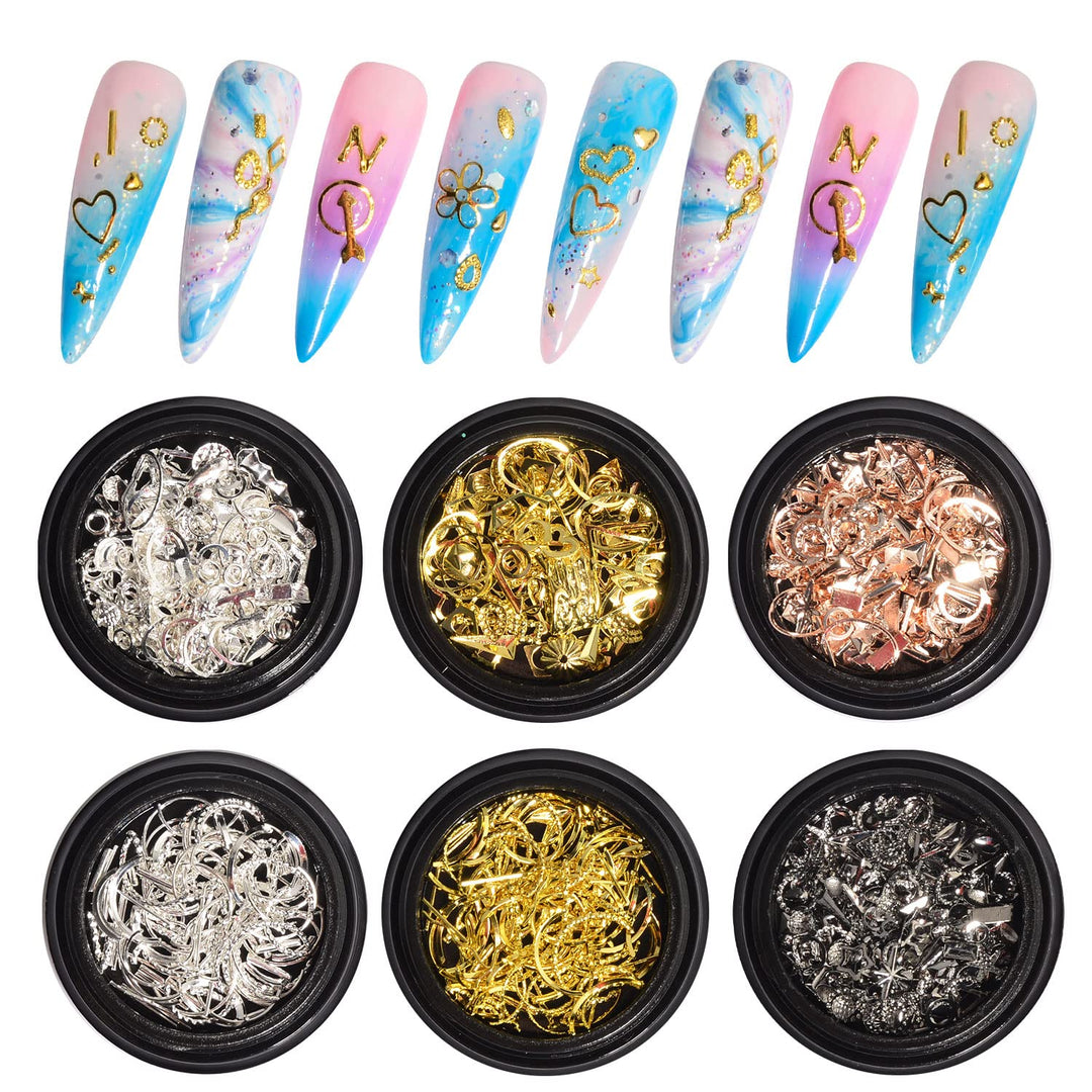 6 Boxes Gold Sliver Metal Nail Studs 3D Nail Art Jewelry Decoration Mix Shapes Star Monn Heart Shell Decor Manicure Tips(4 color)