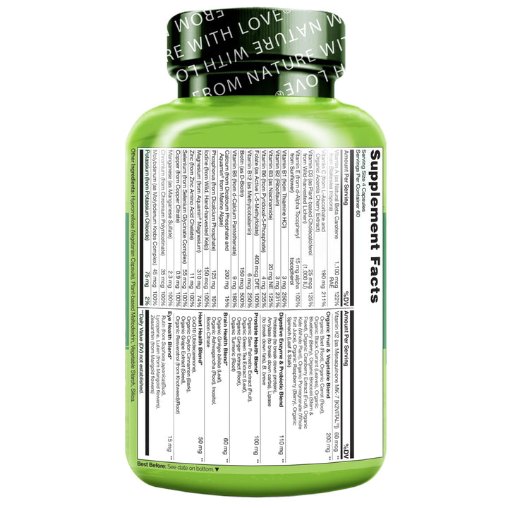 Whole Food Multivitamin for Men 50+ - with Vitamins, Minerals, Organic Herbal Extracts - Vegan Vegetarian - for Energy, Brain, Heart and Eye Health - 240 Capsules