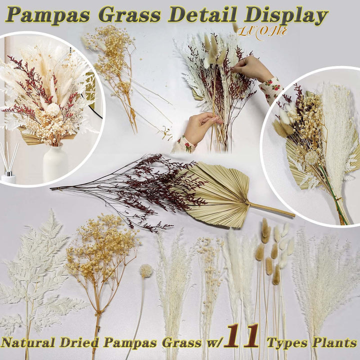 Pampas Grass, Natural Dried Pampas Grass, Dried Flowers Bouquet Arrangements for Home Wedding Decor (17/45cm Tall, D- Dried Pampas & Palm/Fern Leaf Bouquet)