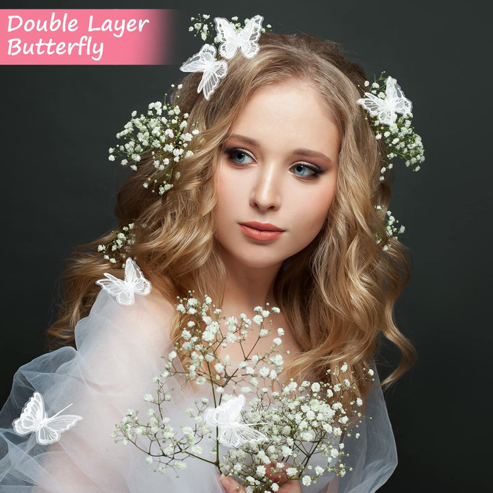 40 Pcs Butterfly Lace Trim Double Layers Organza Butterfly Fabric Embroidery Butterfly Patches Wedding Bridal Dress Embroidered Appliques for Sewing Craft DIY Clothes Hair Accessories Party