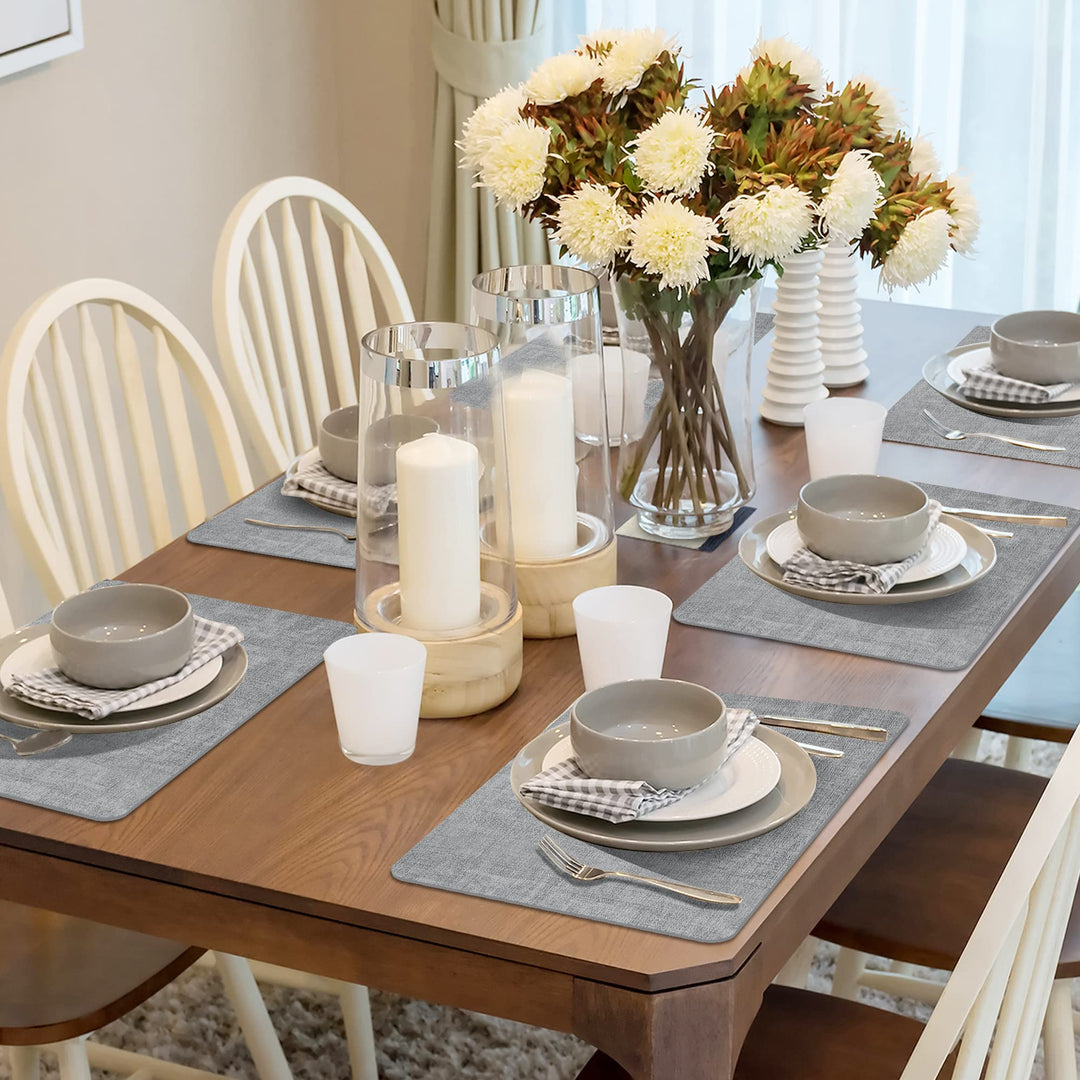 Faux Leather Placemats Set of 6 - Waterproof - Wipe Clean - Heat Resistant - Anti Slip Dining Table Place Mats, Suitable for Indoor & Outdoor Use, 17’’×12’’, Grey