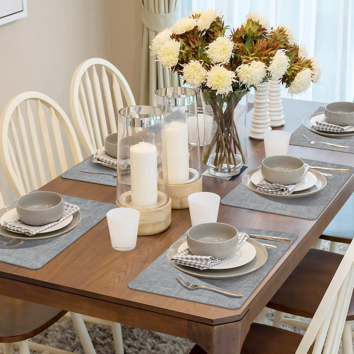 Faux Leather Placemats Set of 6 - Waterproof - Wipe Clean - Heat Resistant - Anti Slip Dining Table Place Mats, Suitable for Indoor & Outdoor Use, 17’’×12’’, Grey