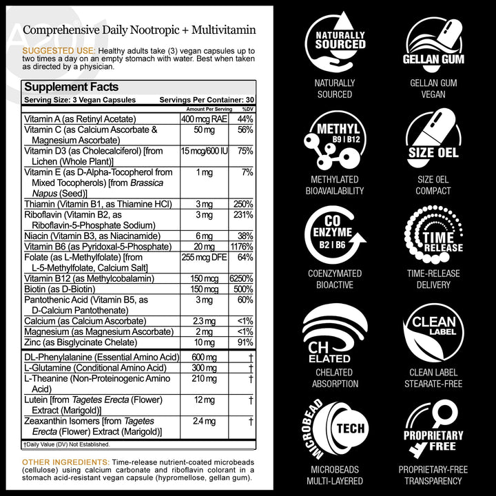 A20 Microbead Brain Health Supplements for Adults for Memory, Focus, Calm, Mood, Alertness, Attention, Vision, Sleep, Immune System, 20 Premium Nootropic Nutrients Multivitamin & 7 Advances® Tech