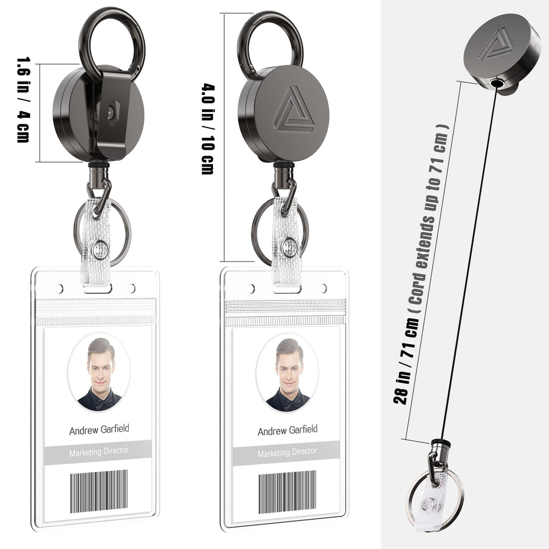 2 Pack Heavy Duty Metal Retractable Badge Holder Reel with Belt Clip Key Ring and Waterproof Vertical Clear ID Card Holder + 2 Extra Carabiner Key Chain Rings, 31 inches Strong Dyneema Pull Cord