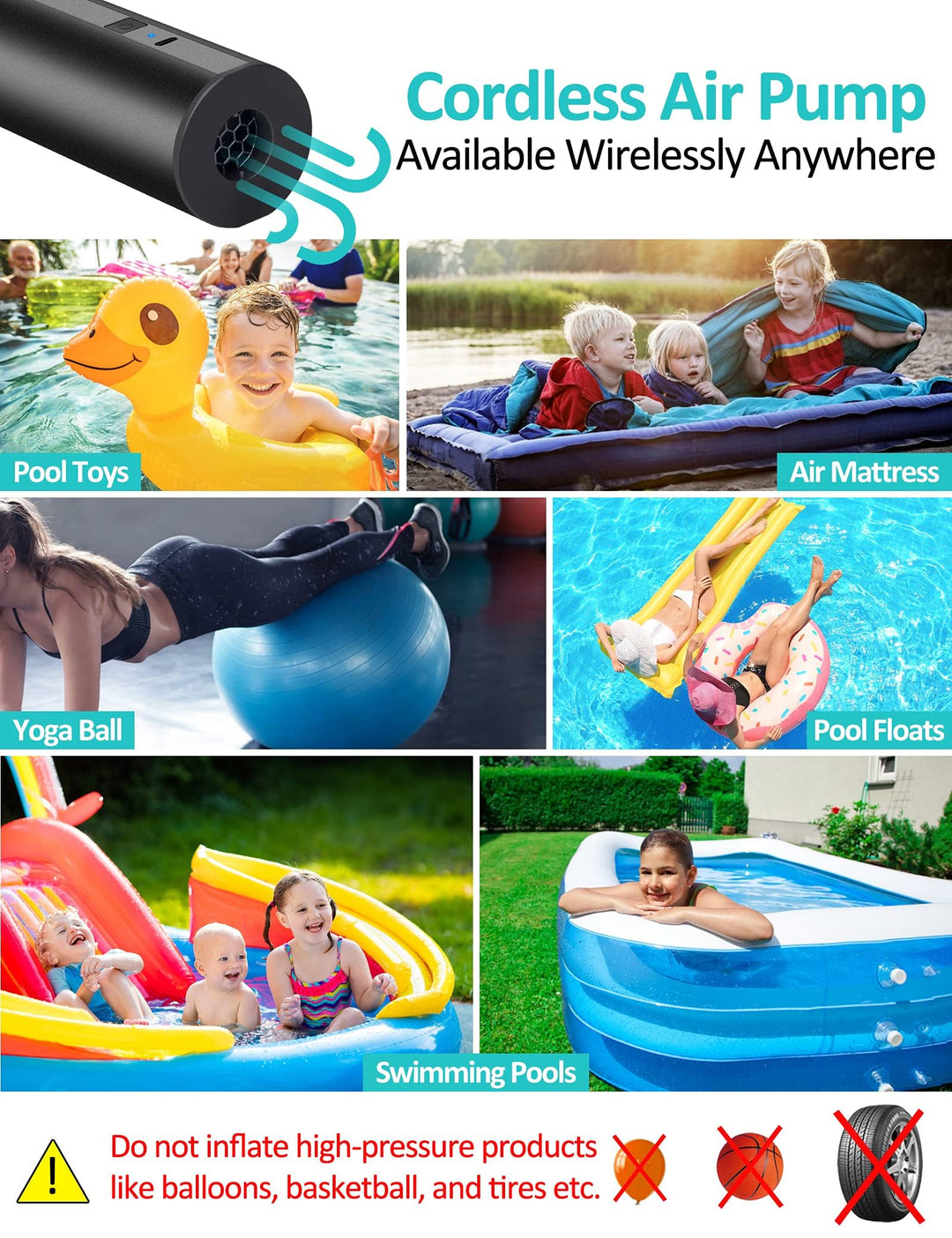 Electric Air Pump for Inflatables- 2000mAH Rechargeable Battery Powered Air Mattress Pump- Cordless Portable Air Pump, Quick-Fill Inflator Pump for Camping Air Mattress Bed, Pool Floats Toys, Boats