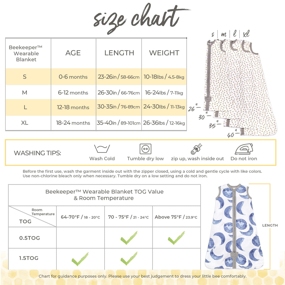 Baby Beekeeper Wearable Blanket, 100% Organic Cotton, Swaddle Transition Sleeping Bag, Blue, Small