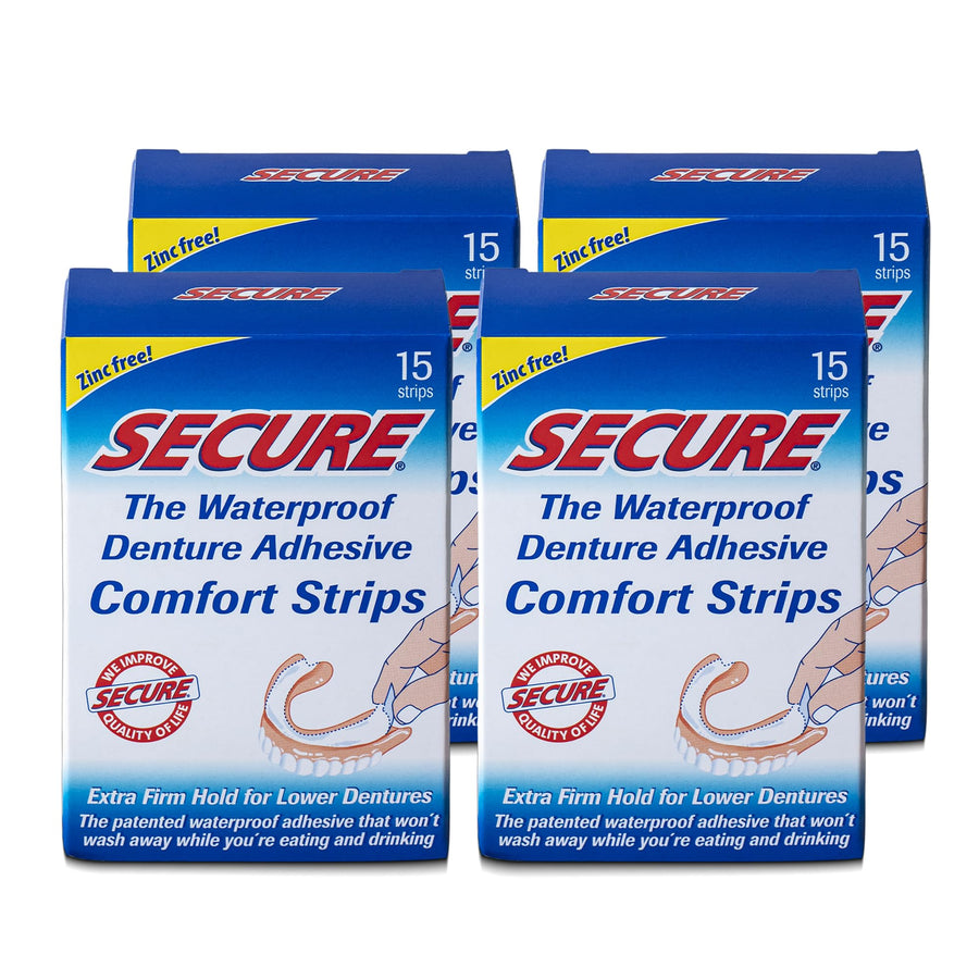Denture Adhesive Strips – Zinc Free – Waterproof – Comfortable Cushion Fit for Uppers & Lowers – Extra Firm All-Day-Hold – No Mess – Clean Ingredients – 60 Strips Total (4 Pack) 15 Strips ea