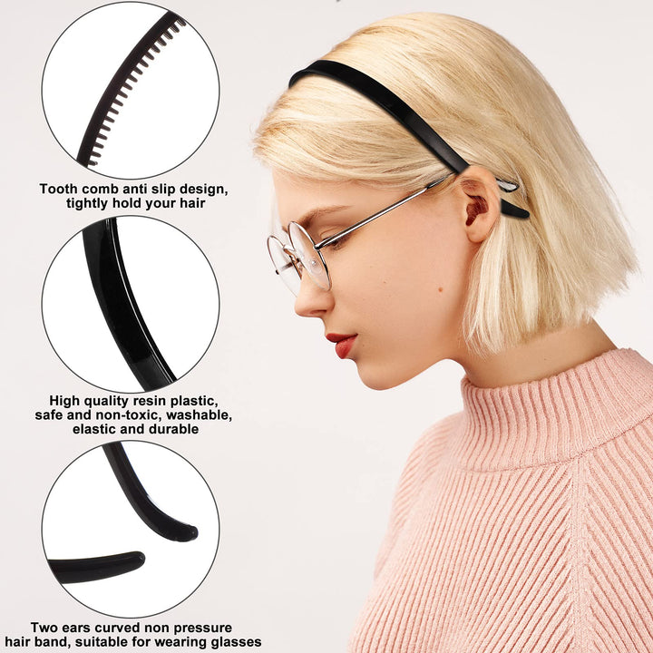 3 Pieces Flex No Pressure Headbands Effortless Plastic Teeth Comb Headbands Skinny Hair Bands Plastic Hair Loop Hair Accessories for Women and Girls (Black)