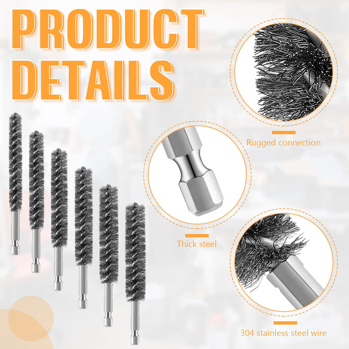 Stainless Steel Bore Brush Stainless Steel Bristles Wire Brush for Power Drill with Hex Shank Handle (0.8 cm, 1 cm, 1.2 cm, 1.5 cm, 1.7 cm, 1.9 cm, 6 Pcs)