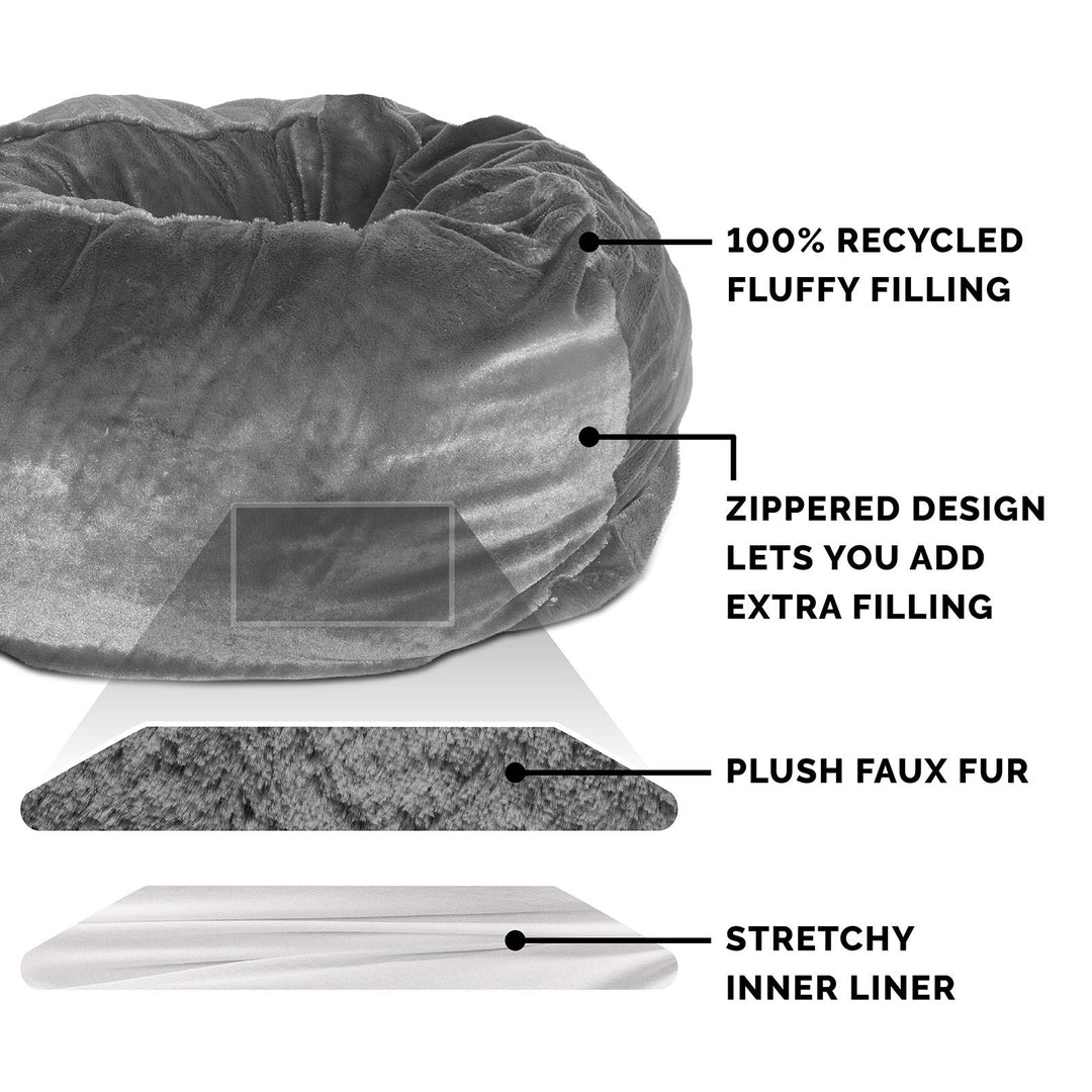 Soft & Cozy Dog Bed for Large Dogs, Refillable w/ Removable Washable Cover & Liner, For Dogs Up to 95 lbs - Plush Faux Fur Bean Bag Style Ball Bed - Gray Mist, XL/Jumbo