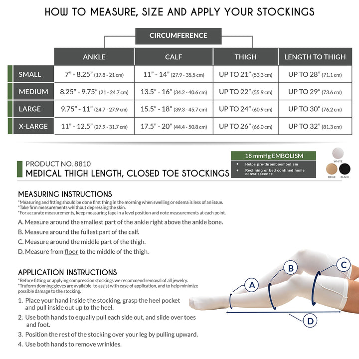 Truform Closed Toe, Thigh High 18 mmHg Anti-Embolism Stockings, Black, Large