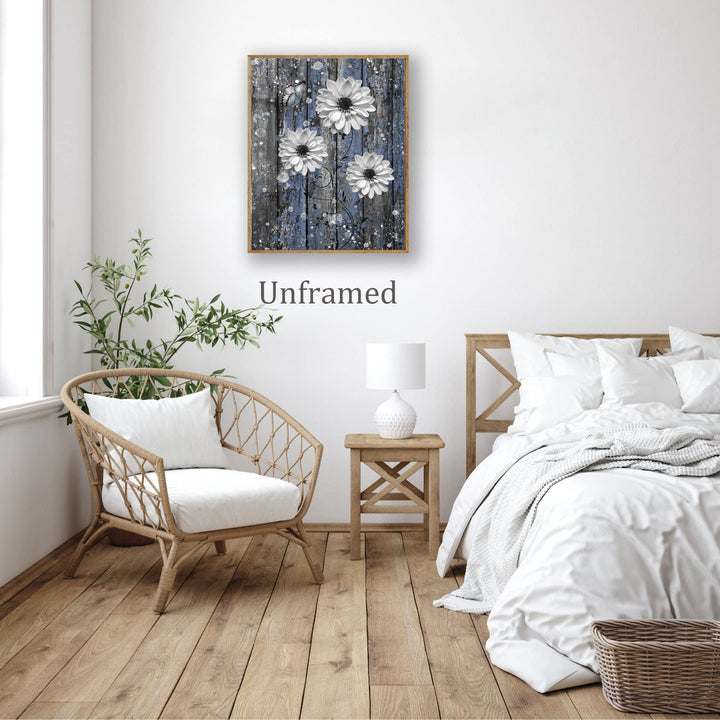 Rustic Farmhouse Dahlia Wall Art Bathroom Wall Decor Blue Dahlia Picture Rustic Blue Flowers Butterfly Canvas Print Painting Dahlia Wood Board Artwork for Bedroom Living Room Unframed