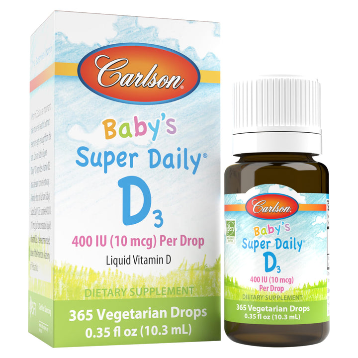 - Baby's Super Daily D3, Baby Vitamin D Drops, 400 IU (10 mcg) per Drop, 1-Year Supply, Vegetarian, Liquid Vitamin D Drops for Infants and Toddlers, Unflavored, 365 Drops