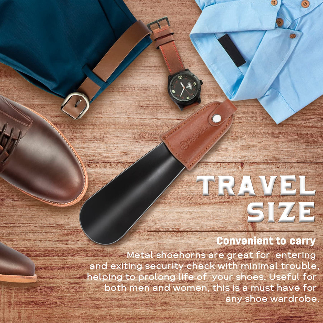 Metal Shoe Horns with Leather Handle Stainless Steel Shoehorn for Traveling