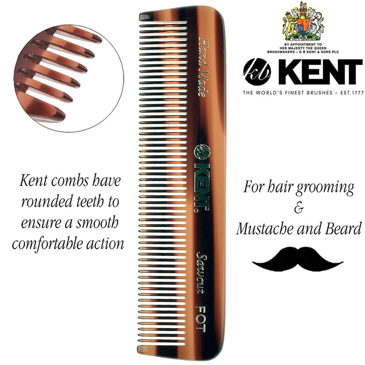 Kent FOT Handmade Fine Tooth Saw Cut Comb - Pocket Travel Styling Comb for Thinning Hair and Beards