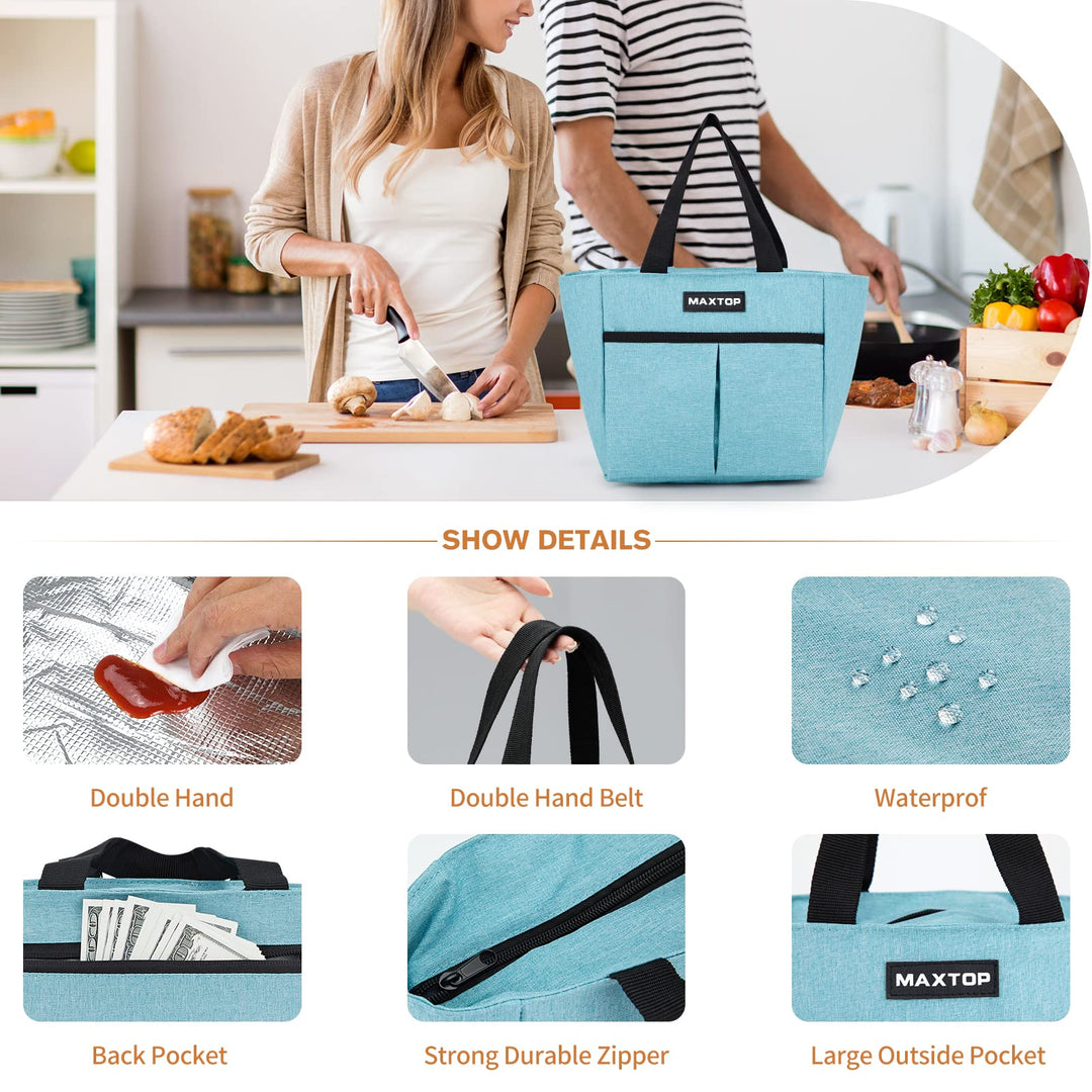 Lunch Bags for Women Insulated Thermal Lunch Tote Bag Lunch Box with Front Pocket for Office Work Picnic Shopping (Light Blue Small)