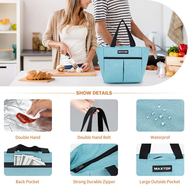 Lunch Bags for Women Insulated Thermal Lunch Tote Bag Lunch Box with Front Pocket for Office Work Picnic Shopping (Light Blue Small)