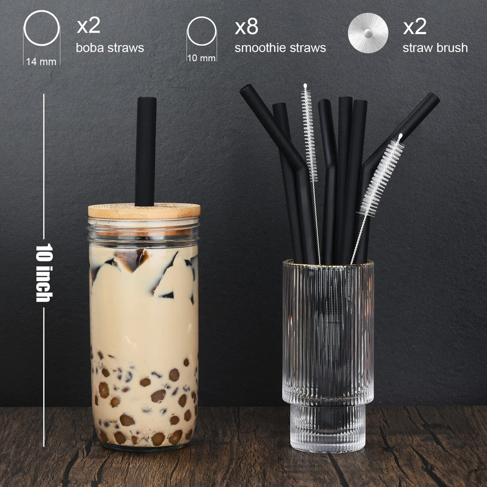 10-Pack Reusable Silicone Straws, 2 Large Silicone Boba Straws, 8 Long Smoothie Straws for 30 oz 20 oz Tumblers, Milkshakes, Bubble Tea, Tapioca Pearl With 2 Brush and Case, 10 Inch