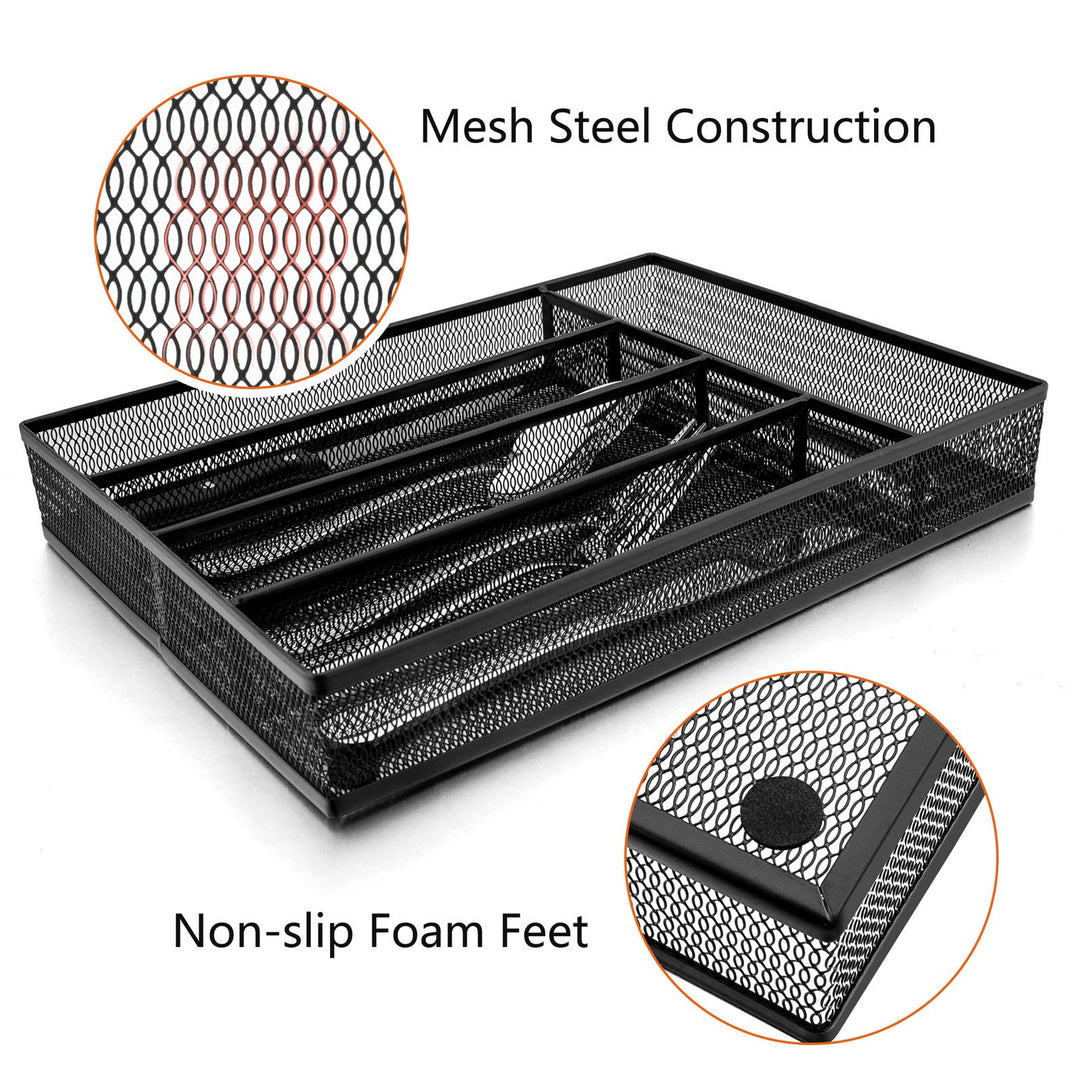 Silverware Drawer Organizer, Mesh Wire Utensil Tray Drawer Organizer for Kitchen, Black Narrow Metal Flatware Cutlery Holder/Divider, 5 Compartment & Small Size - 12.5 x 9.25-Inch