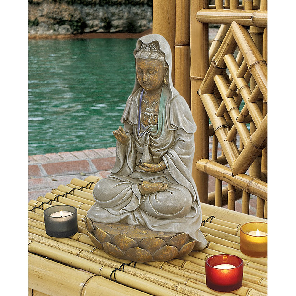 EU1017 Guan-Yin Patroness of Compassion Seated on Lotus Asian Decor Indoor/Outdoor Garden Statue, 7 inches wide, 12 inches tall, Handcast Polyresin, Faux Stone & Metallic Finish