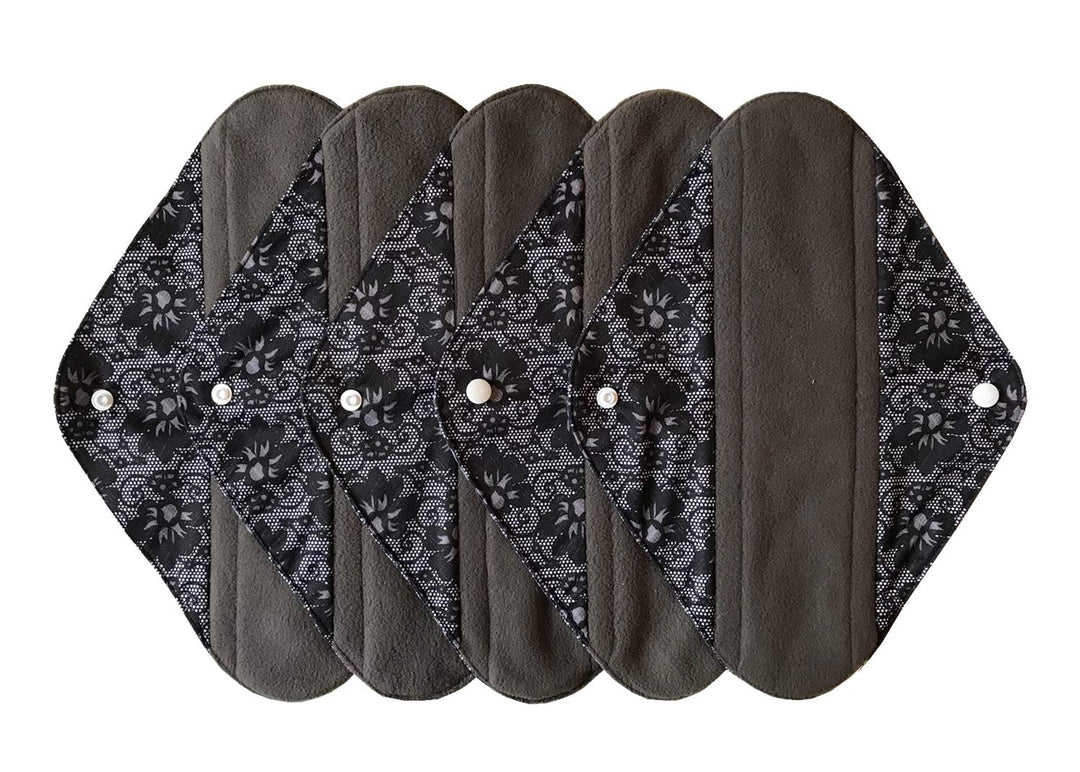 5 Pieces Charcoal Bamboo Mama Cloth/ Menstrual Pads/ Reusable Sanitary Pads (Black lace, Heavy (12 inch))
