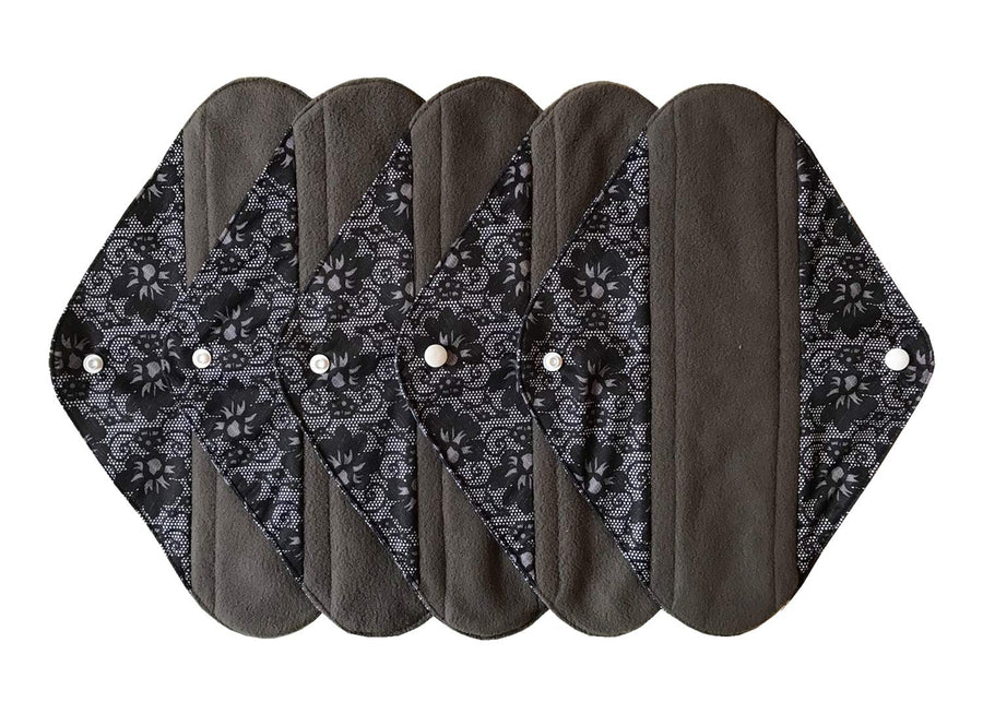 5 Pieces Charcoal Bamboo Mama Cloth/ Menstrual Pads/ Reusable Sanitary Pads (Black lace, Heavy (12 inch))
