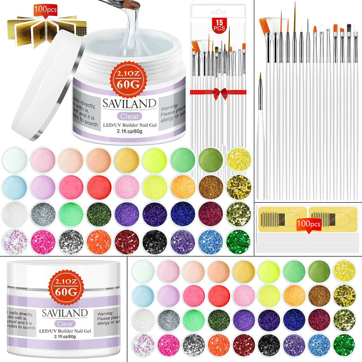 Saviland Builder Gel for Nails Kit - Nail Extension Gel Kit Nail Strengthen Nail Art Manicure Set with 36pcs Nail Powder, 15pcs Acrylic Nail Brush & 100 pcs Nail Forms for Nails