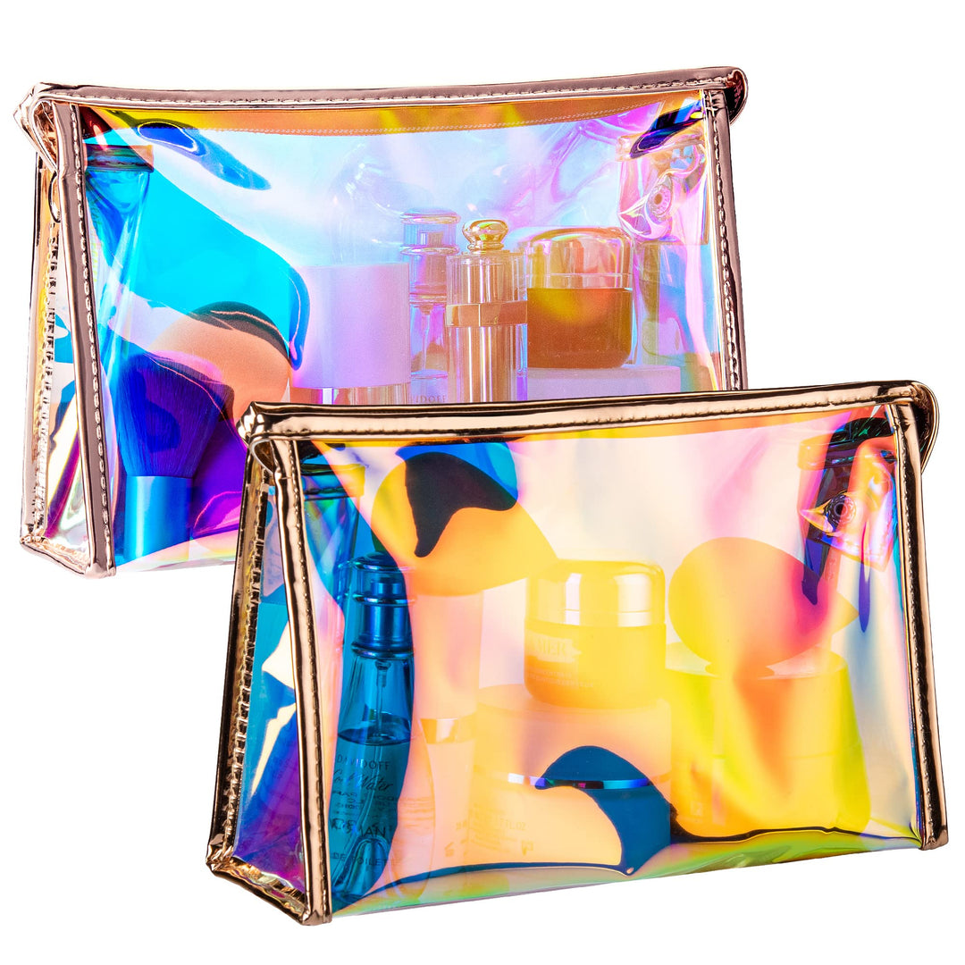 Holographic Iridescent Makeup Pouch | Portable Waterproof Cosmetic Bag Set for Women, Ladies & Bridesmaids | Clear Pouch for Travel, Toiletry | Large Clear Makeup Bags with Zipper