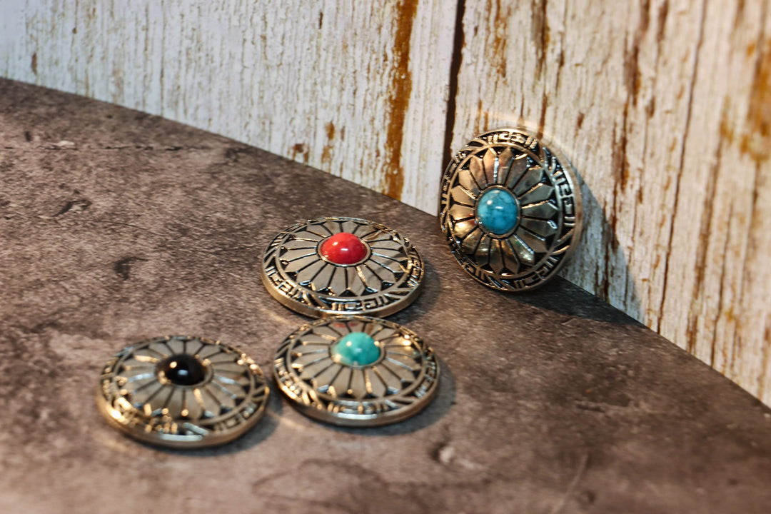 Conchos, Decorative Concho for Handmade, 5 Pack Artificial Turquoise Screw Buttons and Multi Size Screws, Round Metal Sunflower Daisy Indian Eagle OX Head DIY Leathercraft (Sunflower-Green)