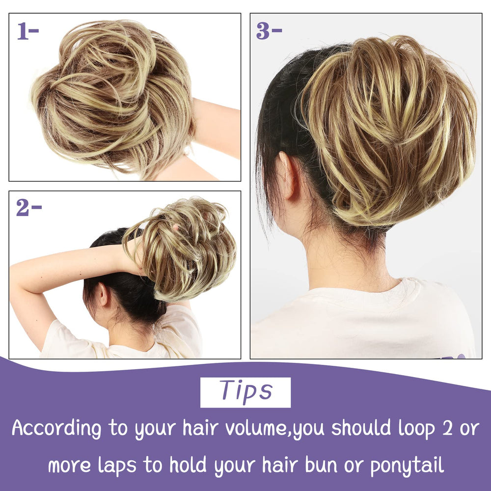 4 Pcs Messy Hair Bun Hairpiece Tousled Updo for Women Hair Extensions Straight Short Ponytail Elastic Scrunchies Curly Hair Accessories (Brown mix Blond/12H24,Basic Style)