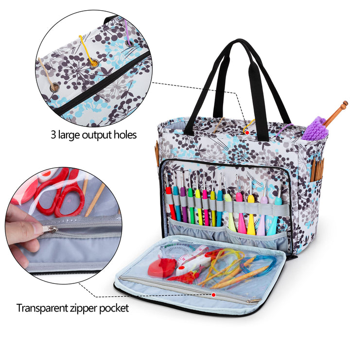 Knitting Tote Bag, Yarn Storage Bag with Pockets for Crochet Hooks, Knitting Needles, Knitting Project and Accessories, Purple (Bag Only, Patented Design)
