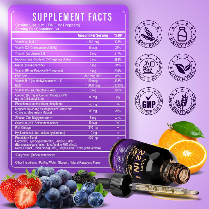 Hair Vitamins Liquid Biotin, Collagen & Hyaluronic Acid – multivitamin Hair Growth for Women and Men Supports Hair, Skin & Nails | Vitamin B Complex | 98% Faster Absorption Than Pills-038