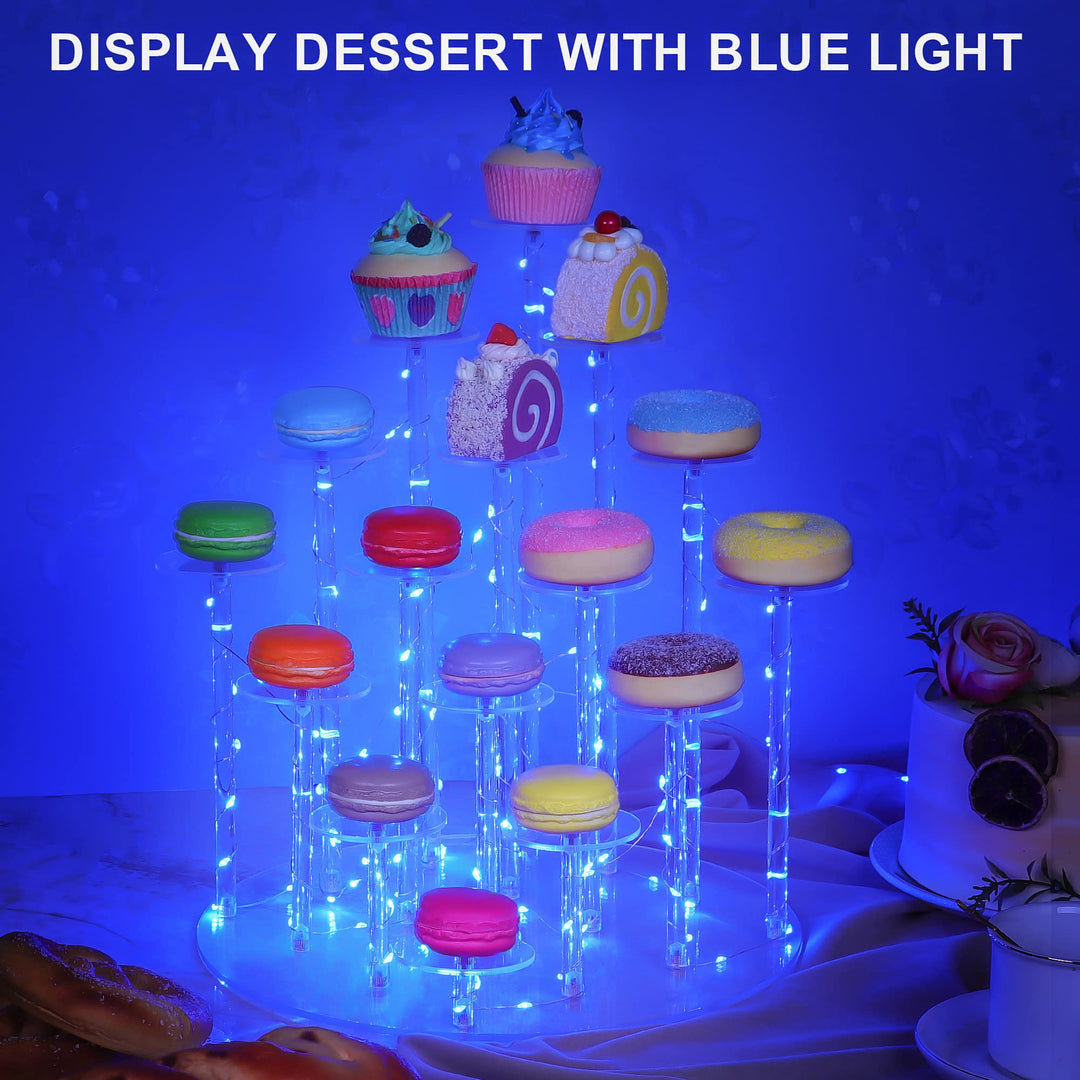 Cupcake Stand with Lights, Blue Cupcake Tower Stand for 16 Cupcakes, Acrylic Cupcake Display Stands for Parties and Dessert Table, Clear Cupcake Holder for Small Collections.