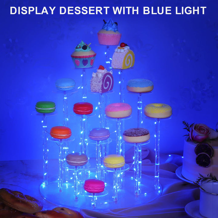 Cupcake Stand with Lights, Blue Cupcake Tower Stand for 16 Cupcakes, Acrylic Cupcake Display Stands for Parties and Dessert Table, Clear Cupcake Holder for Small Collections.